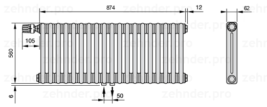Схема (чертеж) Радиатор Zehnder Charleston 2056/19 №V007 Белый глянцевый RAL 9016